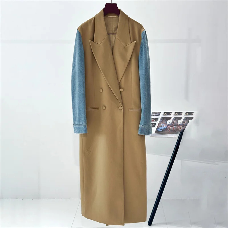 womens trench coat 2024 winter denim contrasting splicing Windbreaker wool blend Double breasted slim fit long women 250103