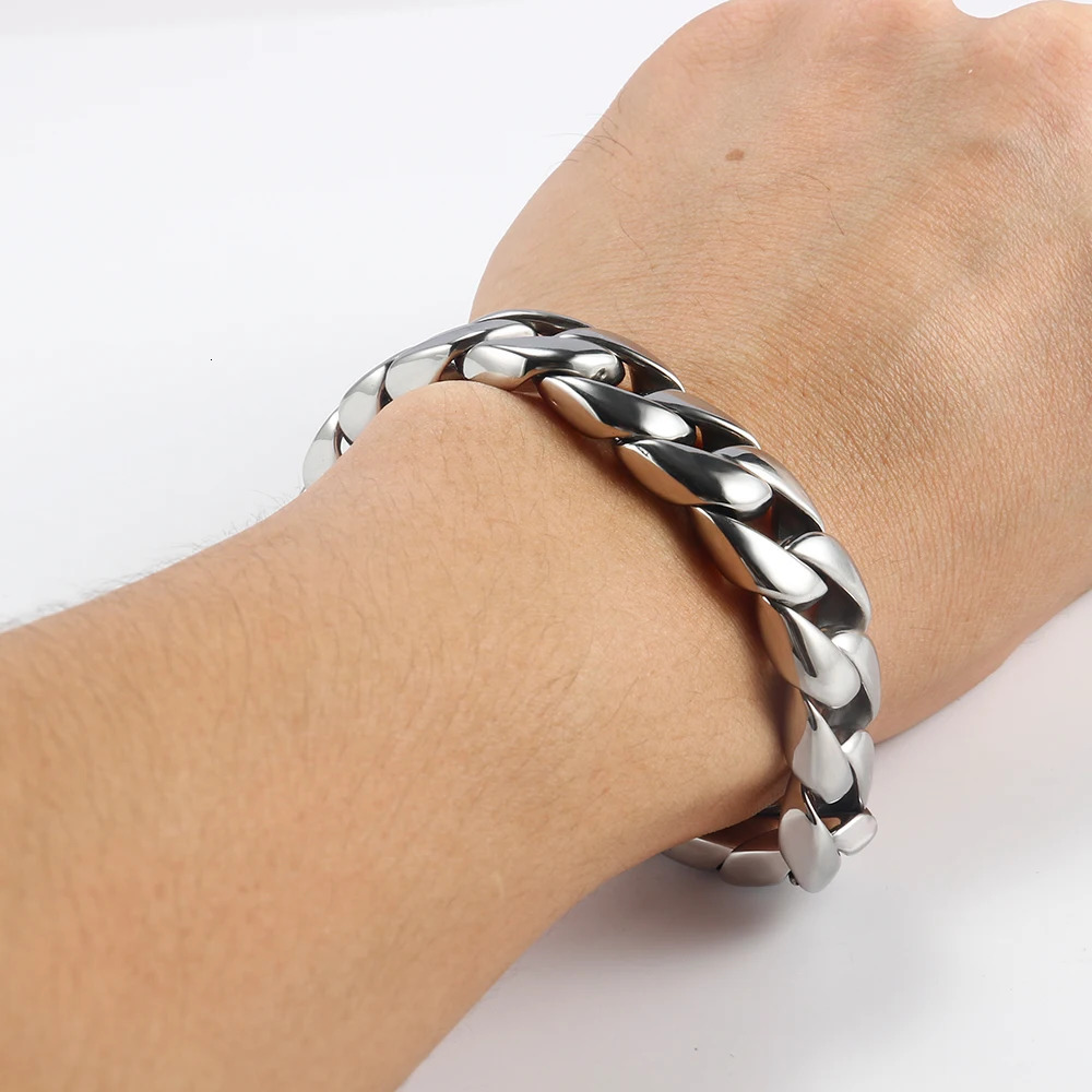 Hip Hop Cuban Bracelets for Men 15mm Wide Miami Chain Bangles Silver Color 316L Stainless Steel Punk Jewelry Unfaded Accessories 250107