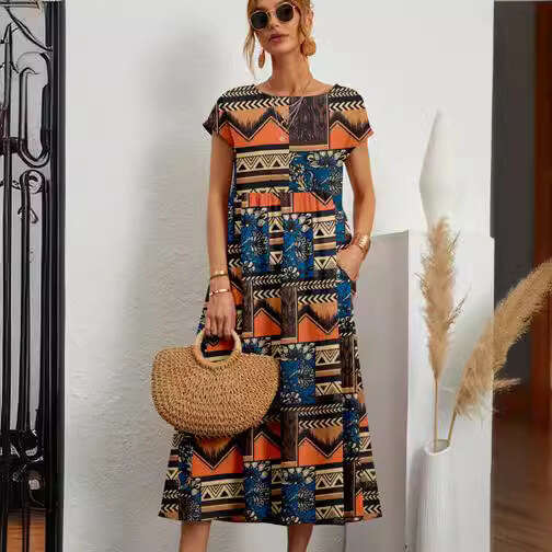 New Fashion Women's Loose Cotton Linen Sleeveless Round Neck Printed Summer Dress