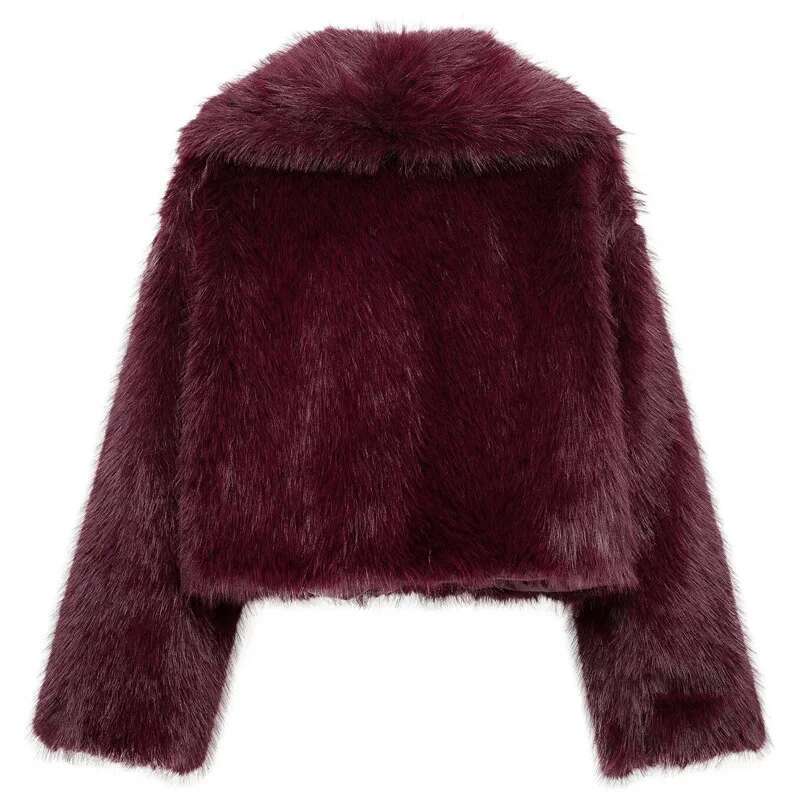 TRAF Women's Winter Fluffy Faux Fur Coat Women Crop Brown Bury Jacket Fashion Plush Long Sleeve Coats Hairy Outwears