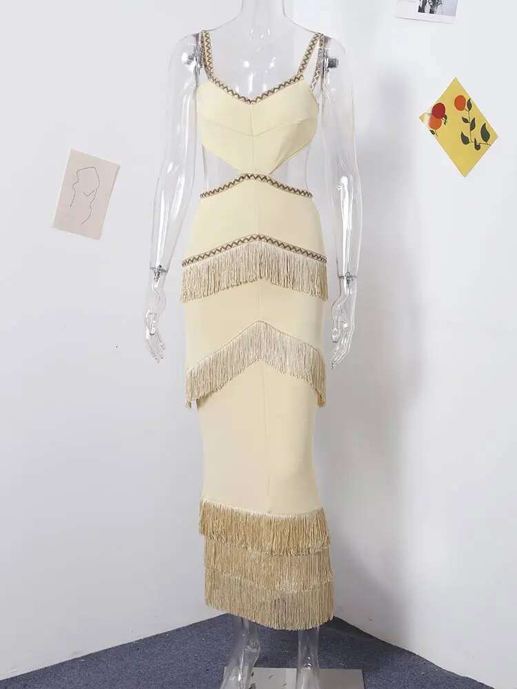 Sexy Tassel Hollow Out Strap Dress Women Beach V-Neck Sleeveless Backless Hip Package Female Dresses 2025 Summer Lady Robes