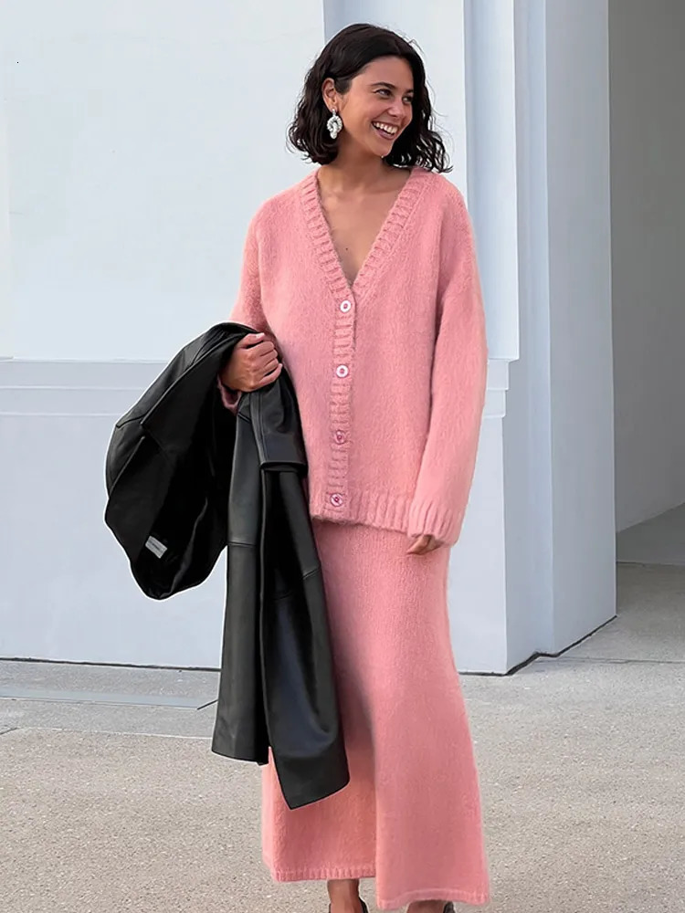 Mohair V-neck Cashmere Cardigan 2 Piece Sets Womens Solid High Waist Loose Skirt Suits 2024 Lady Commute Street Knitwear 241225