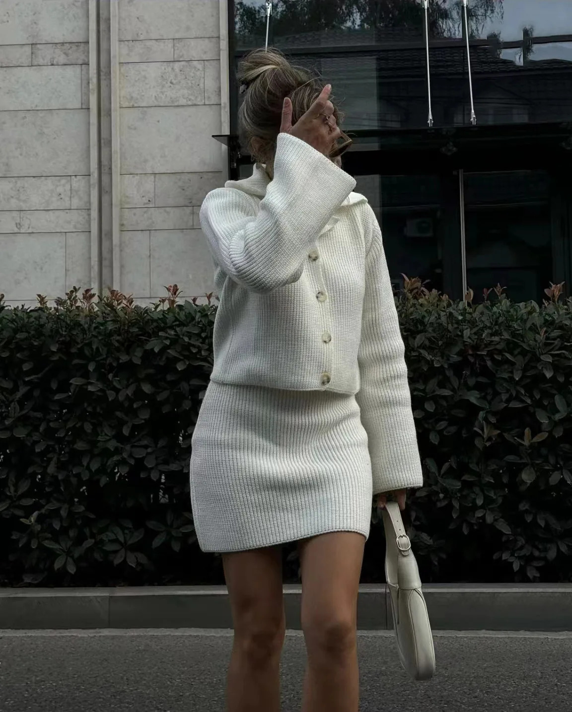 2025 Winter Women Angola Red Dress Suit Solid Color Cardigan Top Mini Short Skirt 2 Piece Set Female Office Outfit 241225