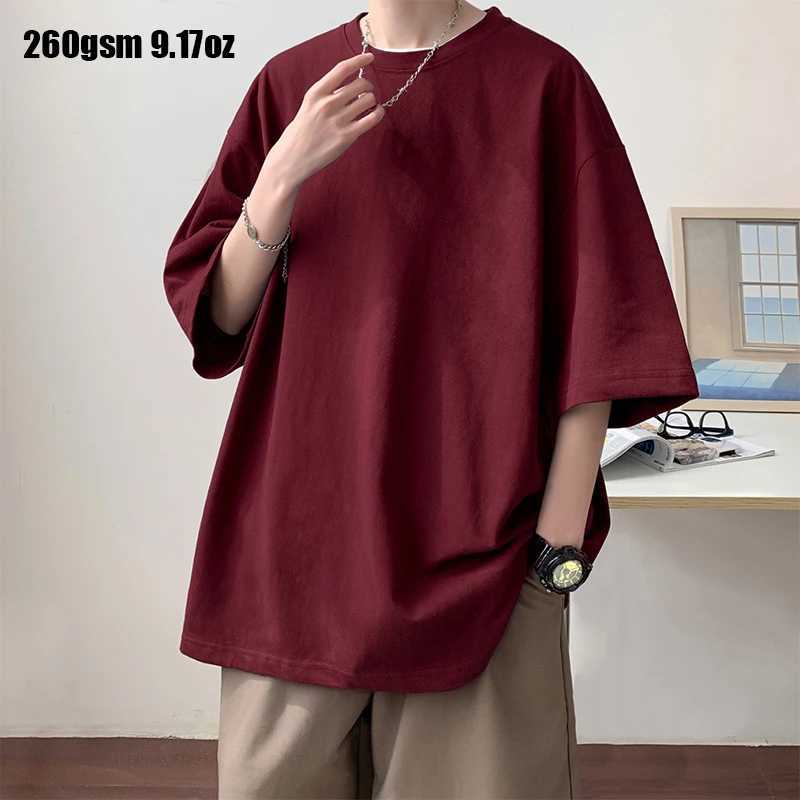 Summer mens heavy-duty T-shirt casual solid short sleeved basic T-shirt womens 100% pure cotton 260gsm 9.17oz oversized O-neck hip-hop top M250108