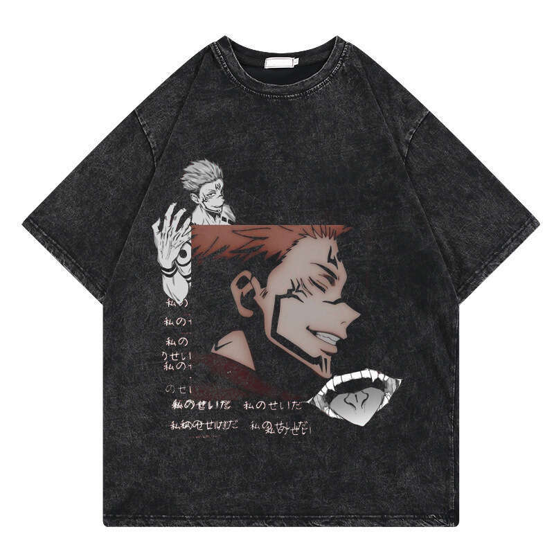 Washed T-shirt Street Hip Hop Anime Spell Battle Cartoon Printed Graphic Casual Cotton Summer Short Sleeve