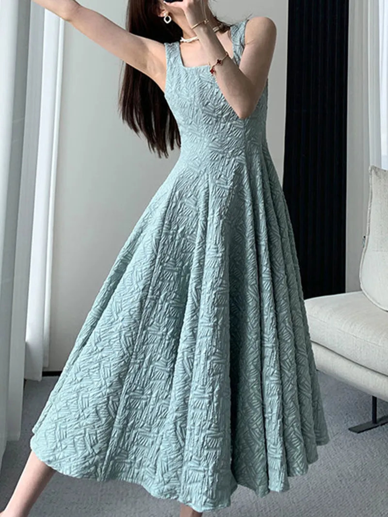 Women Solid Color Square Collar Draped A-line Slip Dresses Green Elegant Korean Style Slim Sundress Vintage Summer Y2k Dress 250107