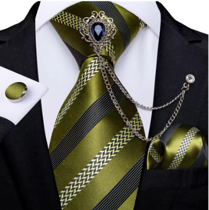 Luxury Green Plaid Silk Ties For Men With Handkerchief 8cm Wide Wedding Neck Tie Set Pocket Square Brooch Chain Accessories Gift