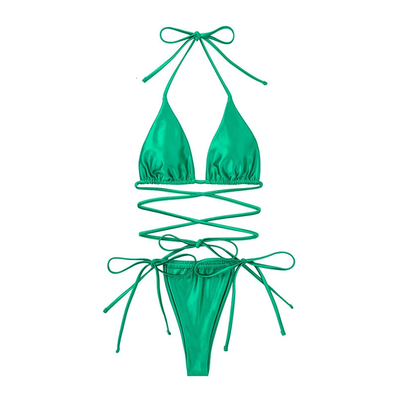 Women Two Piece Bikini Swimsuit Comfortable Slider Satin Sexy Bathing Suit Halter Triangle Top String Bikini Sets 2025 Swimwear 250106