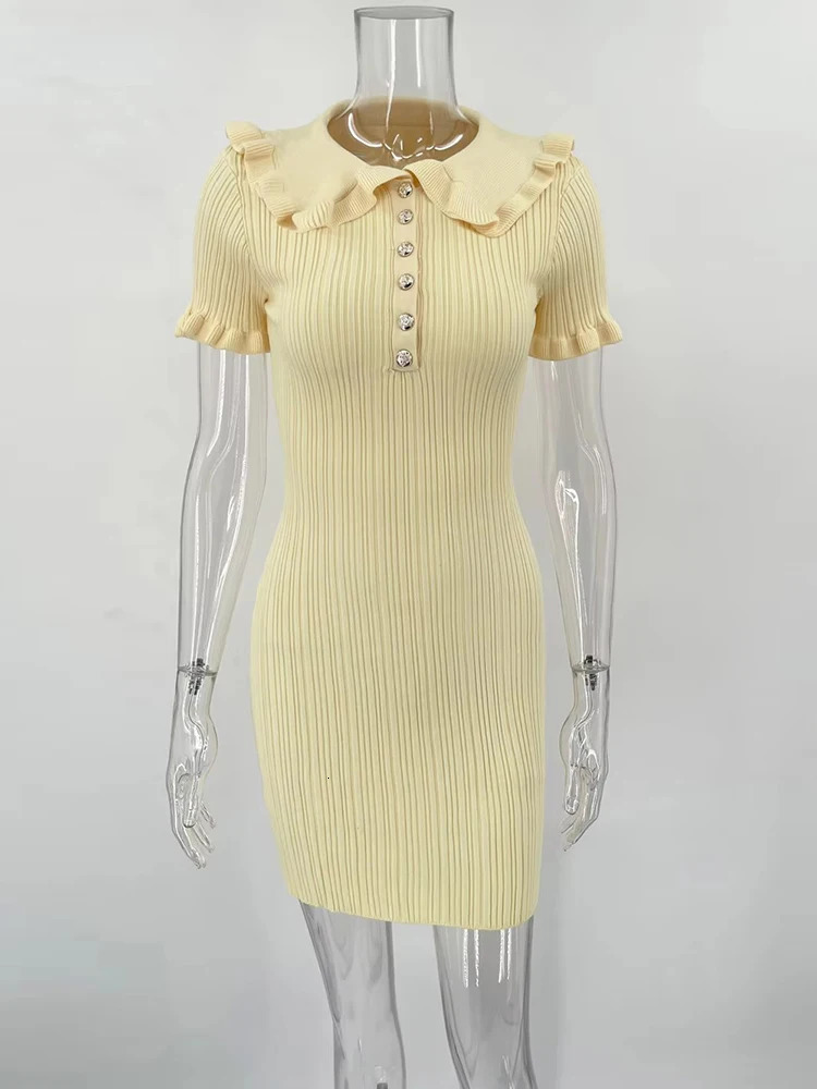 TARUXY High Waist Ruffled Mini Dresses For Women Summer Short Sleeve Knitted Slim Fit Dress Womens Vintage Dress Woman Elegant 250107