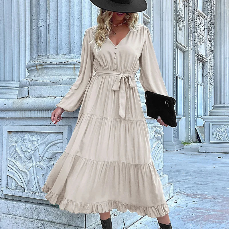 2024 Women Casual Long Sleeve v Neck Fall Dress Bohemian Ruffled Relaxed Fit Solid Maxi Dresses Tiered Cocktail Dress 250107