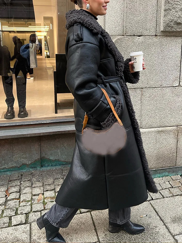 Women Black Lamb Wool Patchwork Leather Overcoat Fashion Lapel High Waist Pockets Jacket With Belt Winter Lady Street Warm Coats 250103