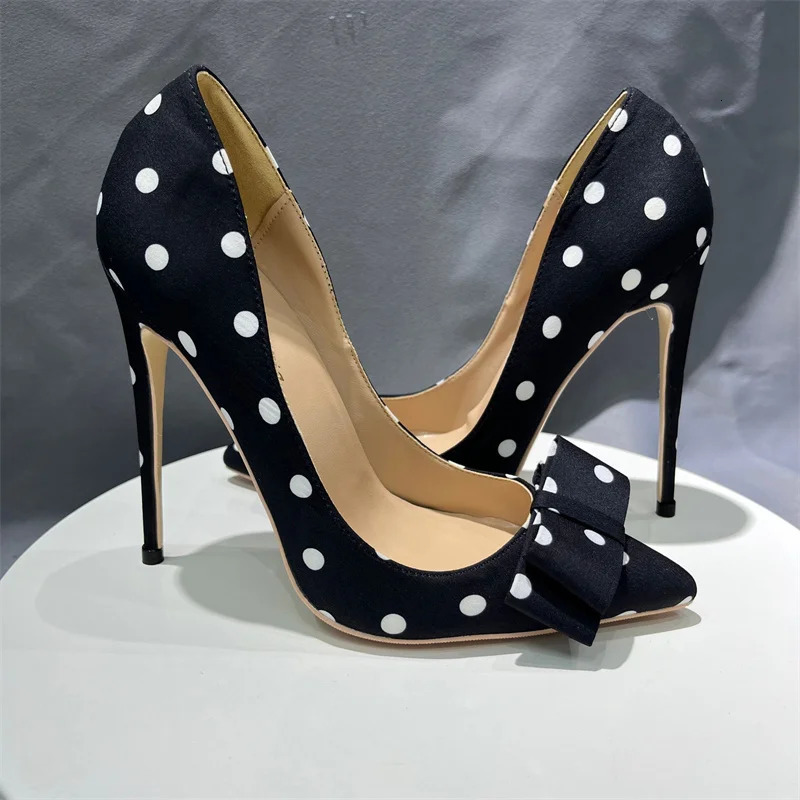Black Polka Dot Stain 10Cm Heels Knot Studded WomenS Modern Heel Pointed Toe Casual Shoes WomenS Heel Shoes Size 34-45 250103