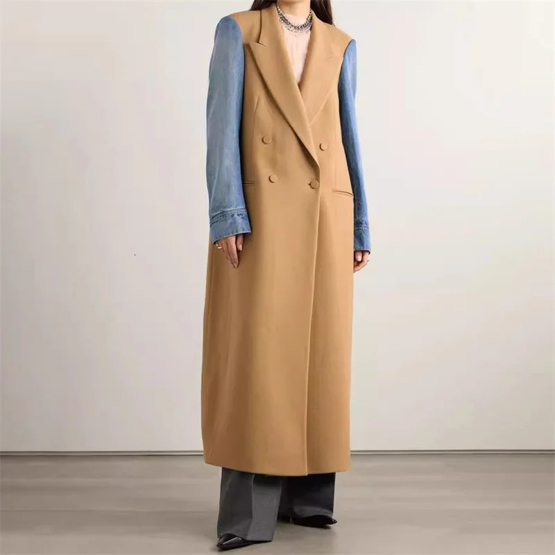 womens trench coat 2024 winter denim contrasting splicing Windbreaker wool blend Double breasted slim fit long women 250103