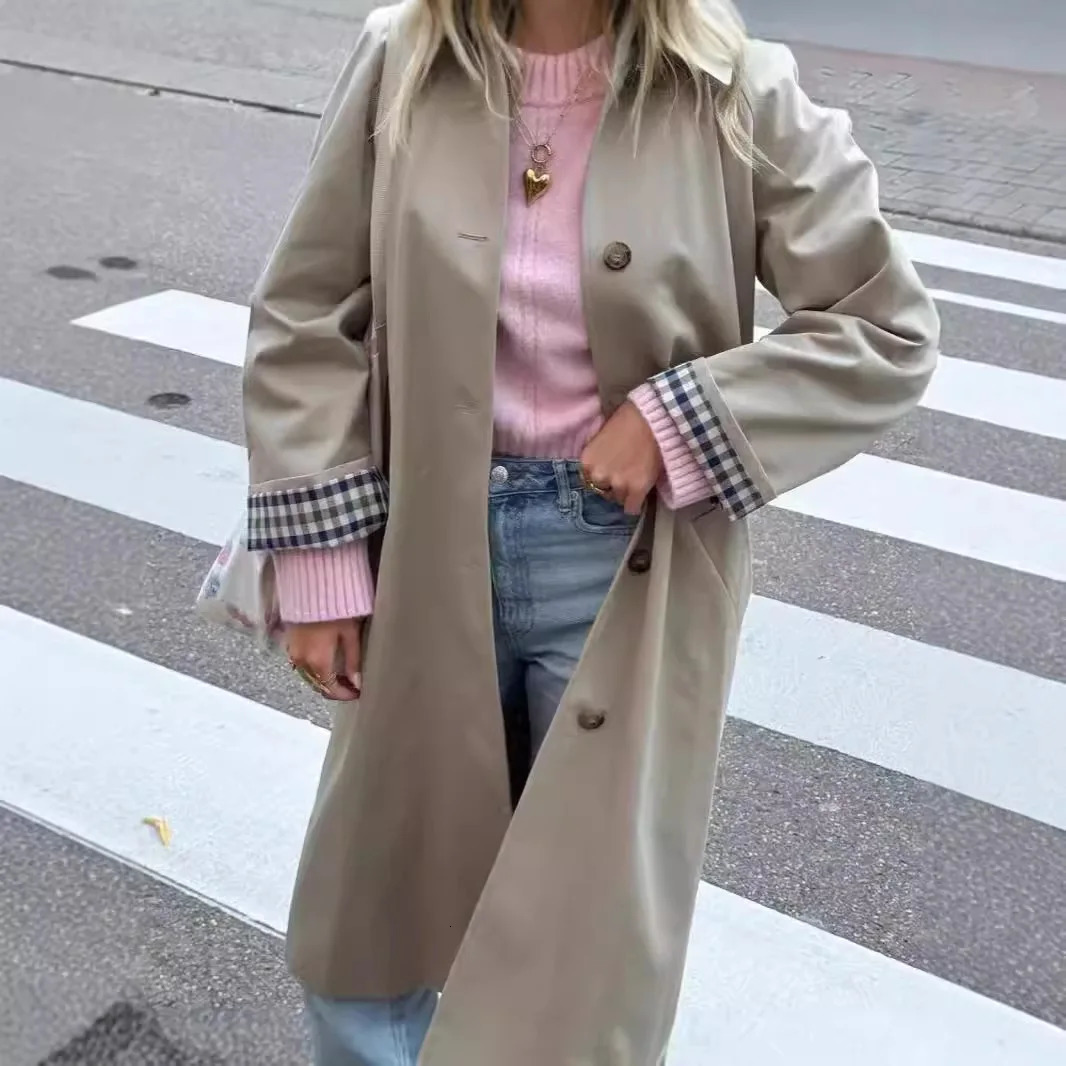 Women Solid Single Breasted Lapel Windbreaker Long Sleeve Plaid Lining Trench Coat Autumn Chic High Street Overcoat 250107