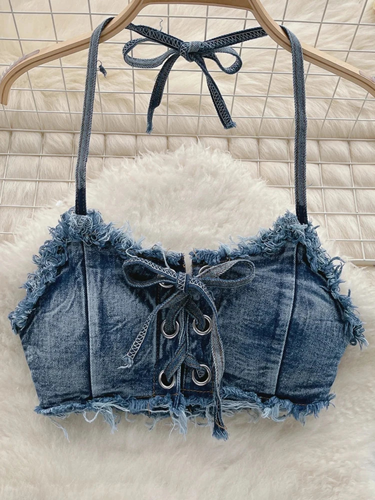OIINAA Bathing Suit Women Sexy Denim Suits Bikini Set Lace Up Drawstring Beachwear 2024 Solid Summer Vintage Two-pieces Swimwear 250107