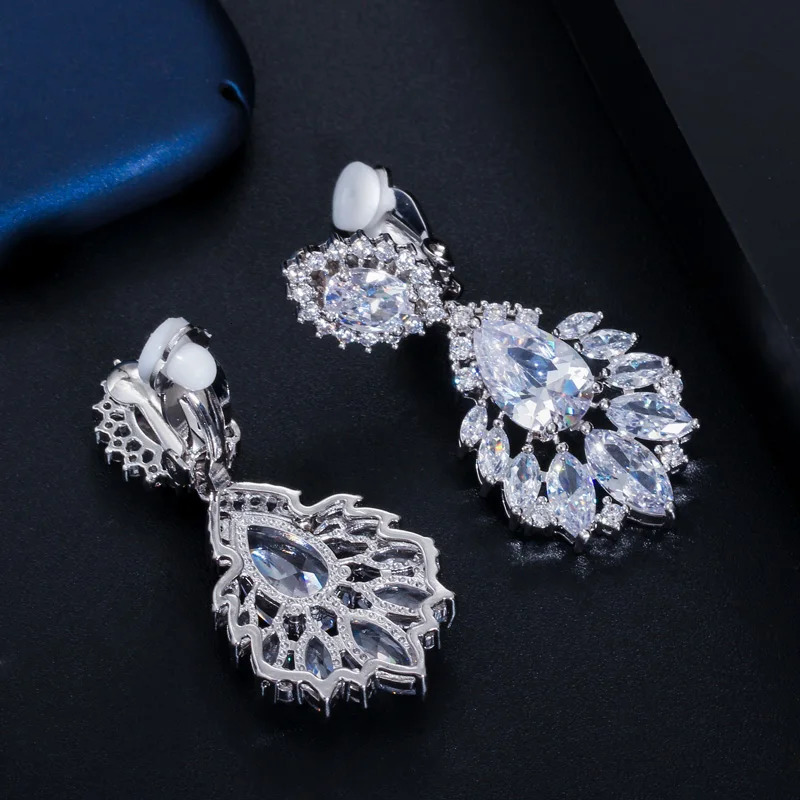 CWWZircons Gorgeous Silver Color Dangle Drop CZ Zirconia Women Long Clip On Earrings for No Pierced Hole Ears CZ006 250103