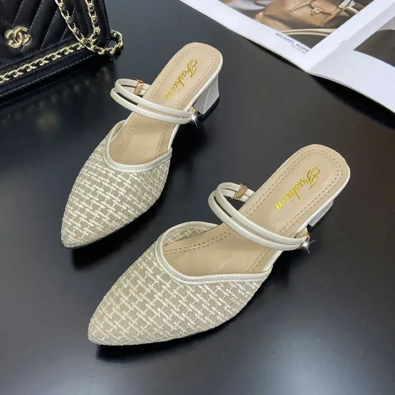 Summer Sexy Pointed Toe Sandals Thin Strap Mulles White Yellow Women Shoes Elegant Women Fashion Square Heels Slippers 250107
