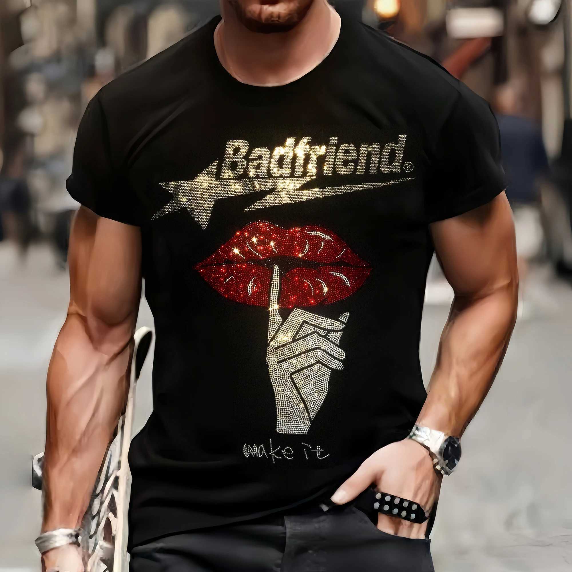 Fashionable mens high-quality T-shirt autumn casual street short sleeved clothing T-shirt top O-neck red lip rhinestone designer T-shirt Y2k M250108
