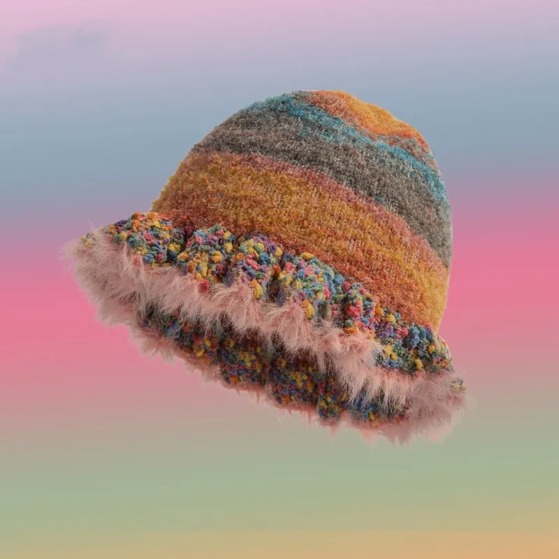 Fashion Colorful Gradient Stripe Woolen Hat Womens Autumn and Winter Cute Handmade Plush Hat Knitted Fisherman Hat 250107