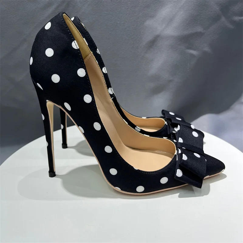 Black Polka Dot Stain 10Cm Heels Knot Studded WomenS Modern Heel Pointed Toe Casual Shoes WomenS Heel Shoes Size 34-45 250103