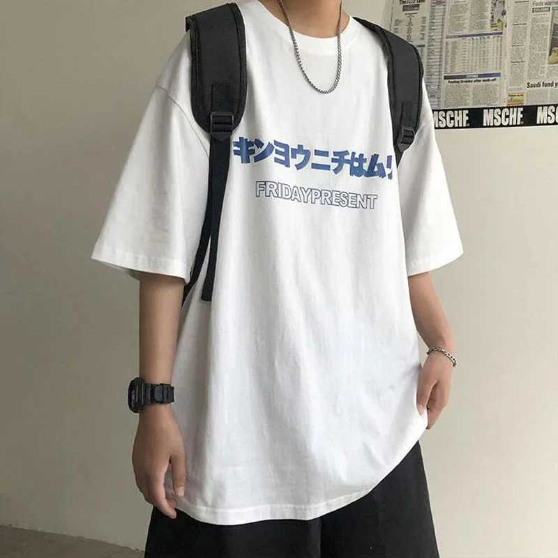 Summer Japanese letter printed T-shirt mens summer cotton casual street clothing hip-hop T-shirt Hombre breathable loose Y2K T-shirt M250108