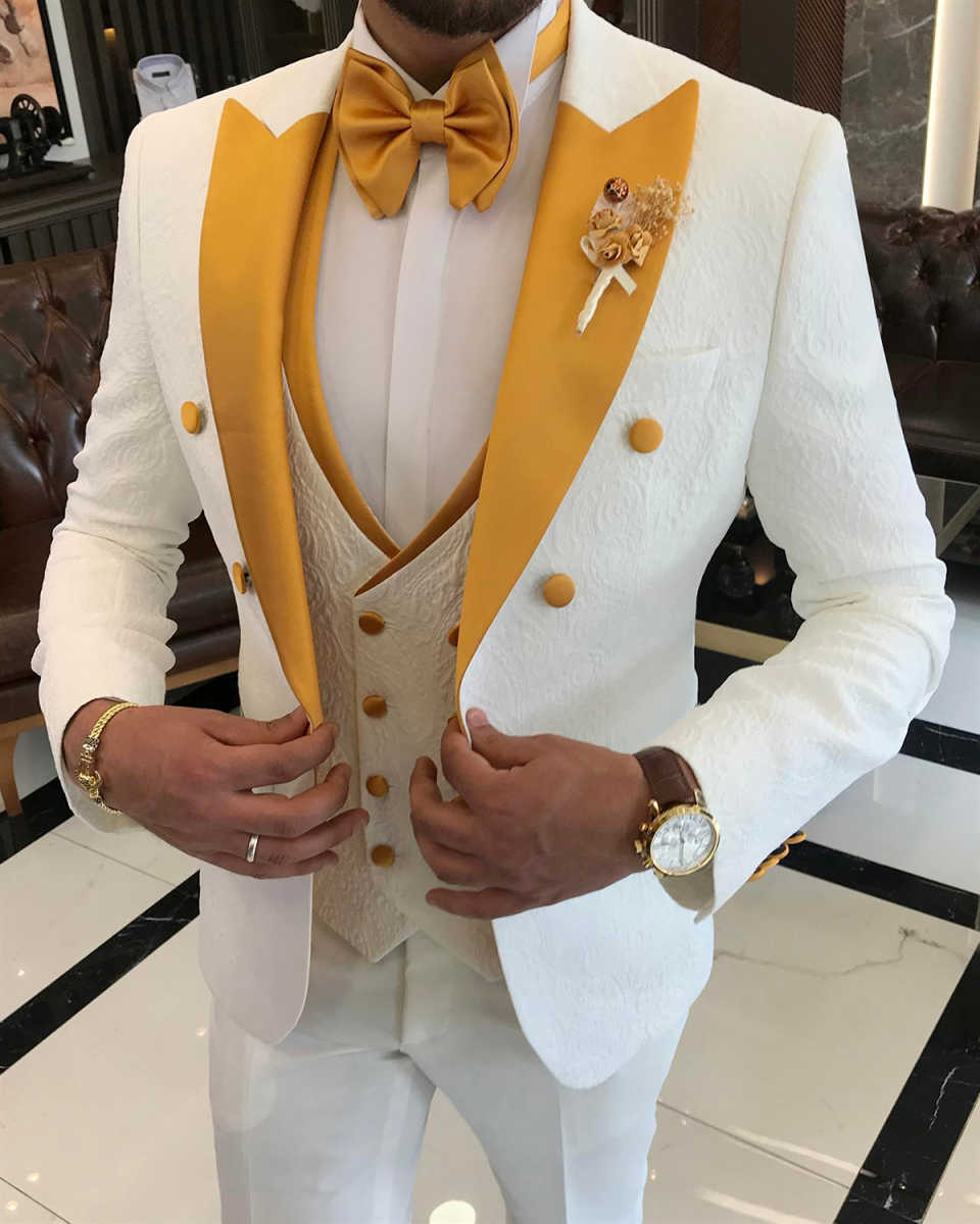 Classic Men Suits 3 Piece Set Jacket Vest Pants Jacquard Wedding Tuxedos Peaked Lapel One Button Party Event Groom suit Customized High Quality