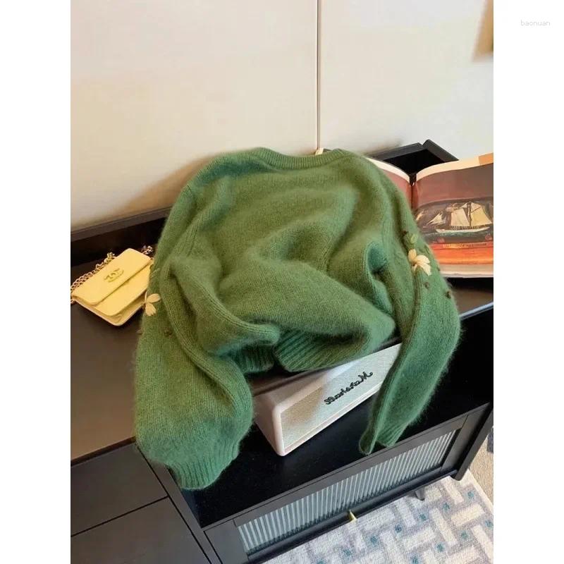 Women's Sweaters Vintage Green Embroidered Round Neck Sweater Autumn Loose Fit Knit Top Soft And Supple Idle Style Pullover