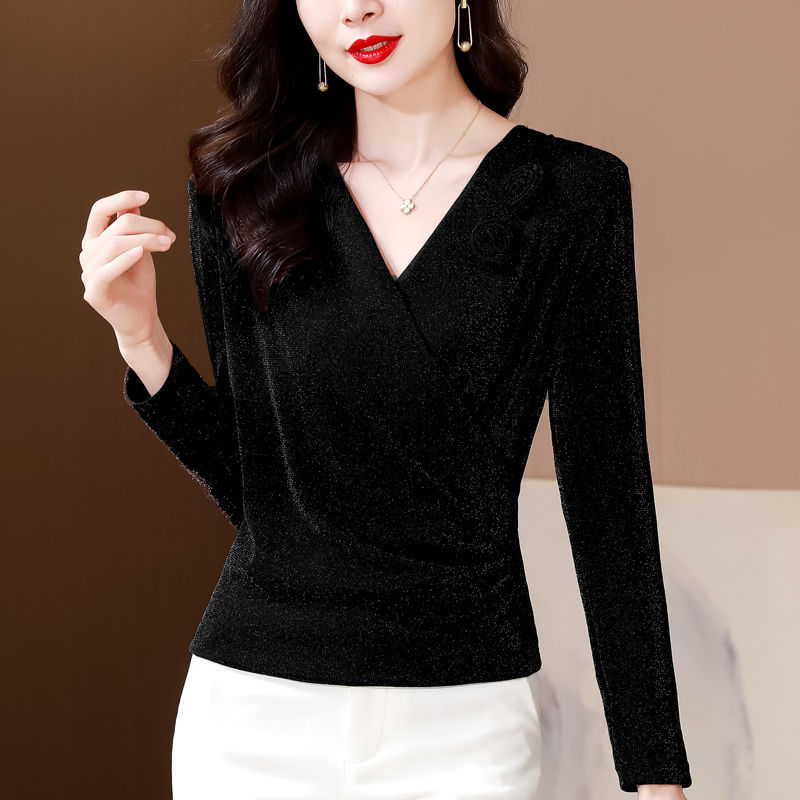 H333 mesh V-neck bottoming shirt for women, high-end fashion, stylish ladies' mom's small shirt, spring and autumn new large size tops