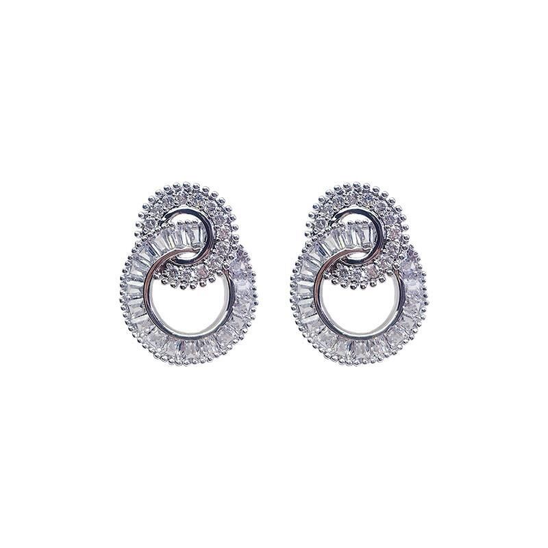 2025 Top Sell Classical Jewelry Stud Earrings 925 Sterling Silver Full Princess Cut White Topaz CZ Diamond Gemstones Elegant Women Double Circle Earri