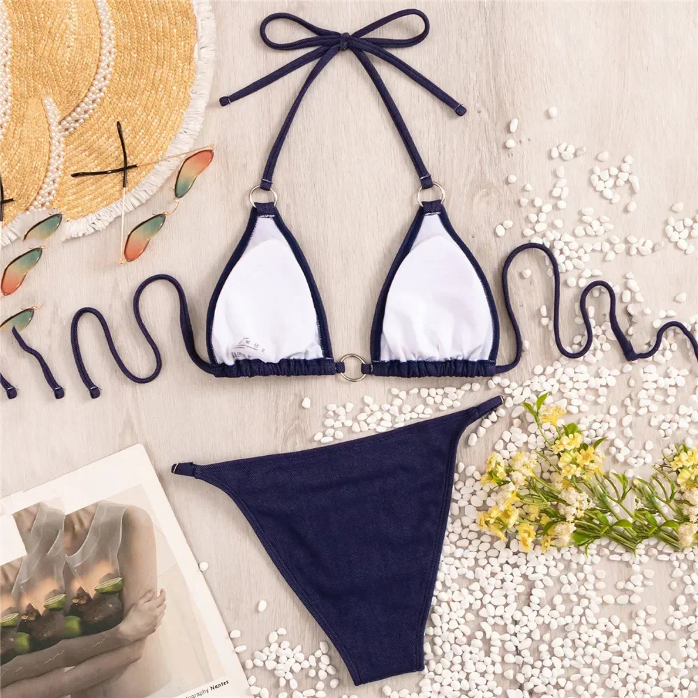 Dark Blue Denim Swimwear Sexy Swimsuit String Halter Thong Micro Bikini 2025 Women Metal Ring High Cut Bathing Suit Bikinis Sets 250107