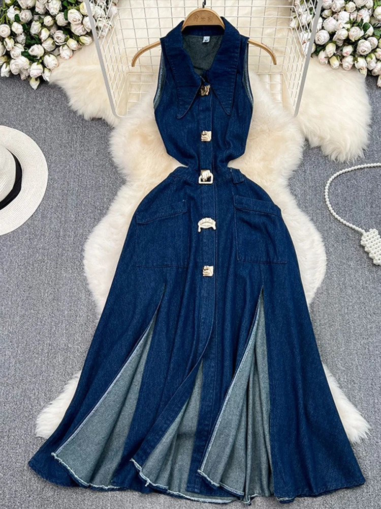 Sexy Denim Women Sleeveless Long Dresses V Neck Split High Waist Female Dress 2024 Summer Lady Turn-down Collar Hollow Out Robe 250107