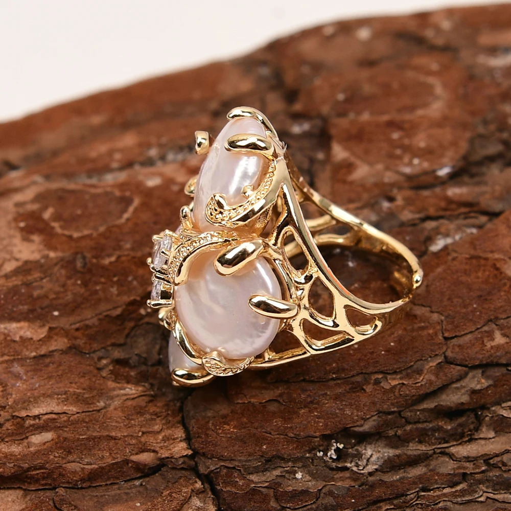 GG Big Natural White Keshi Coin Pearl Paved Clear Crystal Gold Plated Rings Adjustable Ring Gifts For Lady 250106