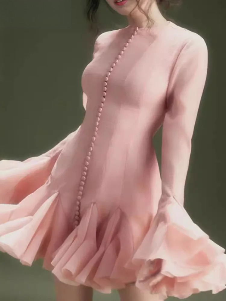 Women's Dress Irregular Pleated Patchwork Fashion Long Lantern Sleeve Waist Cinching Mini Dresses 2024 Autumn New Clothing