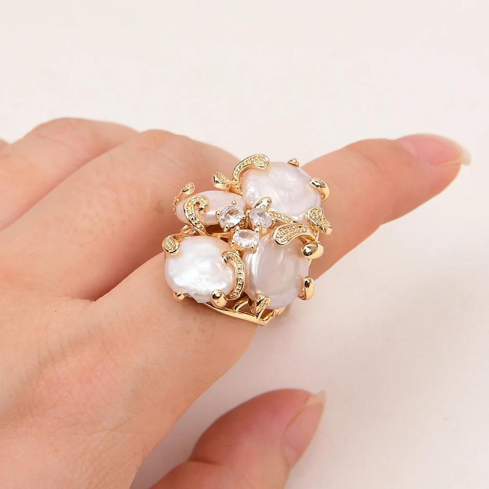 GG Big Natural White Keshi Coin Pearl Paved Clear Crystal Gold Plated Rings Adjustable Ring Gifts For Lady 250106