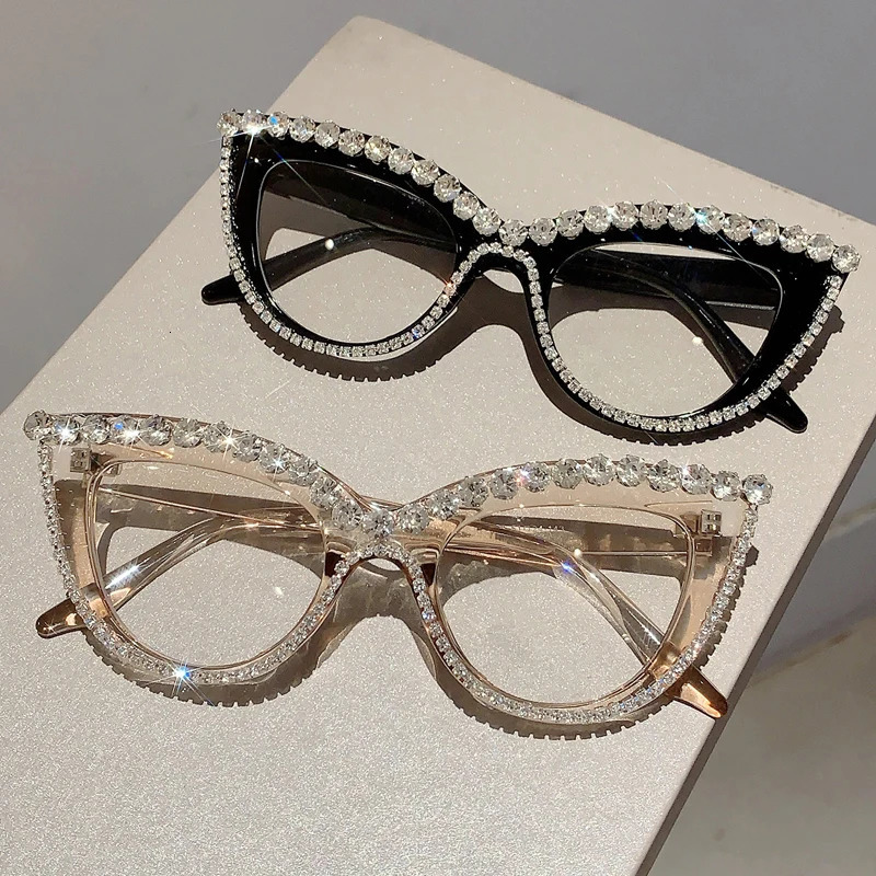KAMMPT Retro Cat Eye Glasses With Rhinestones for Women 2024 Stylish Trendy er Oversized Spectacles 250107