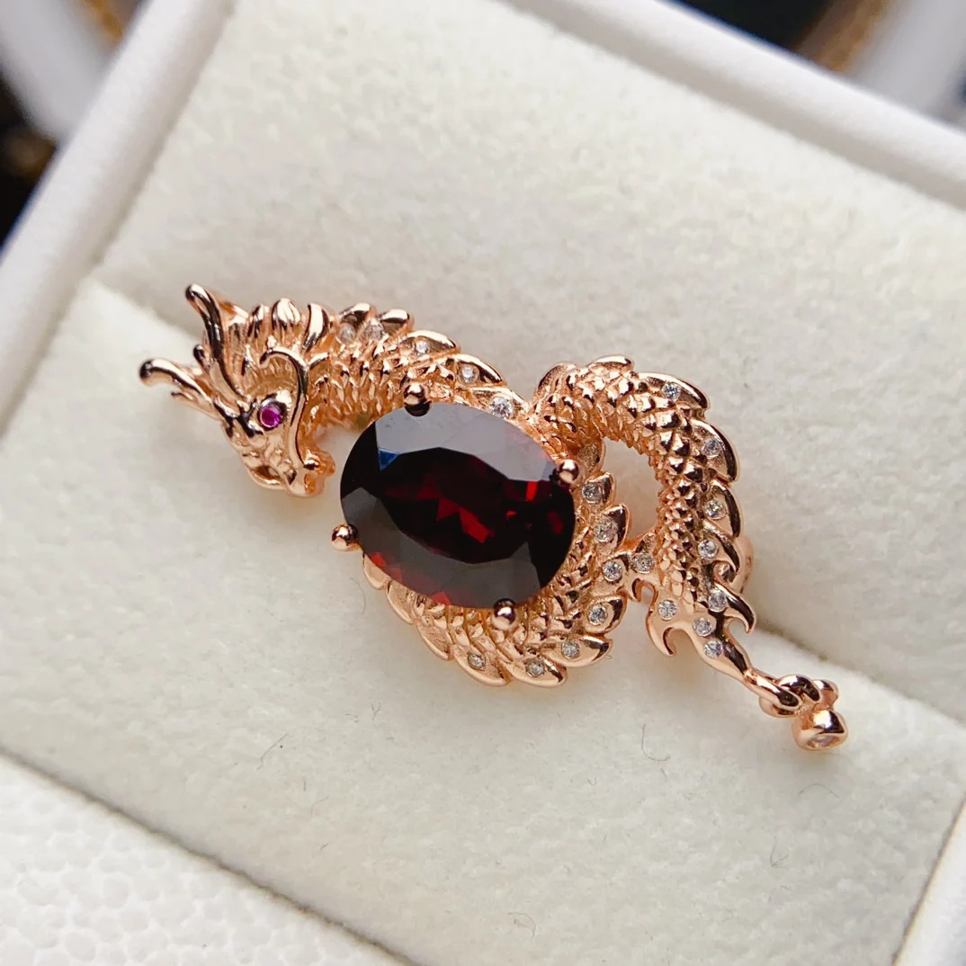 FS 8*10mm Natural Garnet Dragon Brooch S925 Sterling Silver Fine Charm Weddings Jewelry for Women With Certificate MeiBaPJ 241230