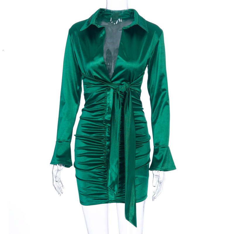 Women's Designer Short Skirt Long Sleeved Lace Up Sexy Deep V-skirt Party Shorts