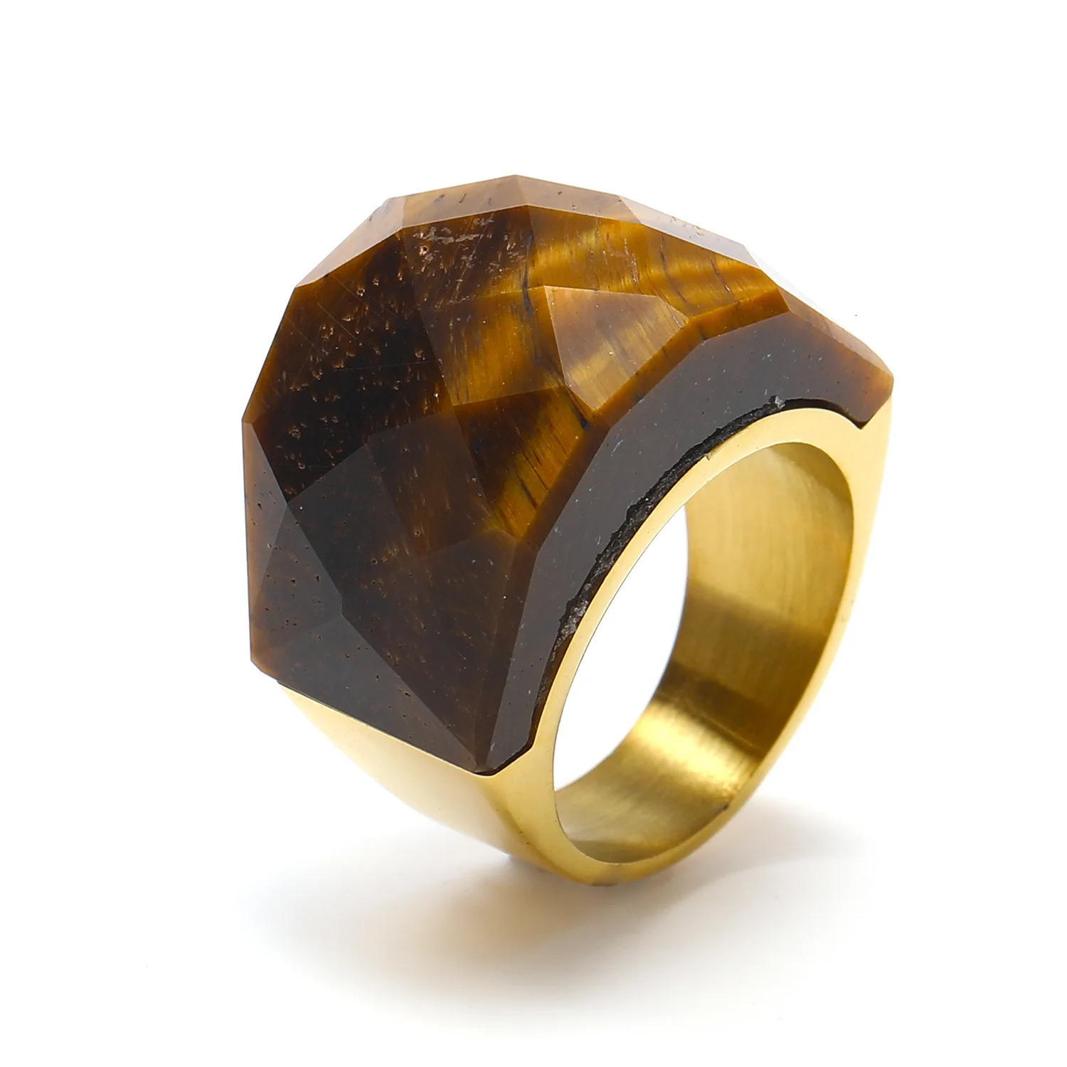 Natural Gemstone Solitaire Statement Rings For Women Stainless Steel Ring Cubic Zirconia gold color Vintage Jewelry 250107
