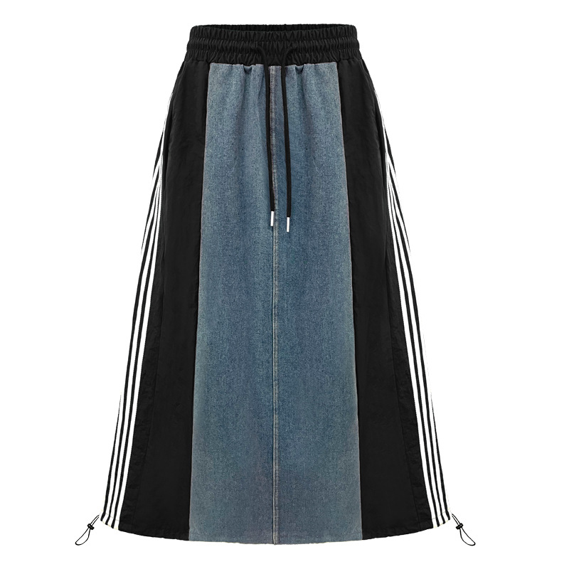 C10798 denim skirt Hong Kong style loose versatile contrast color casual stripes bright line retro nostalgic stitching