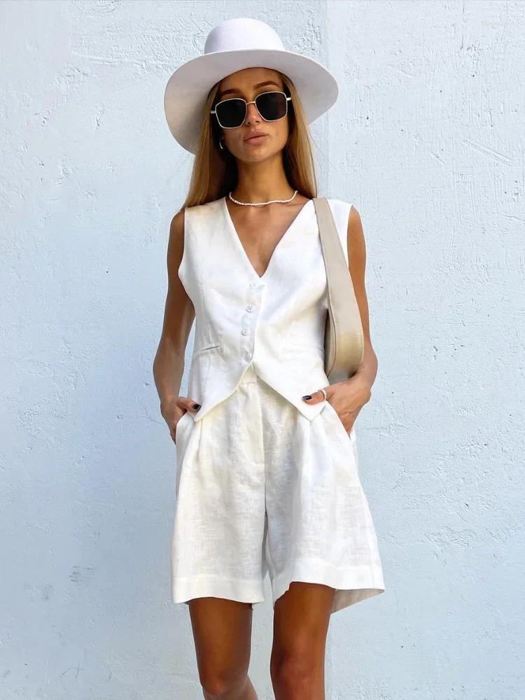 Womens Tracksuits Solid Cotton Linen Shorts 2 Peice Suit Single Breasted Button Sleeveless Vest Pockets Set Women 2025 Street Outfits