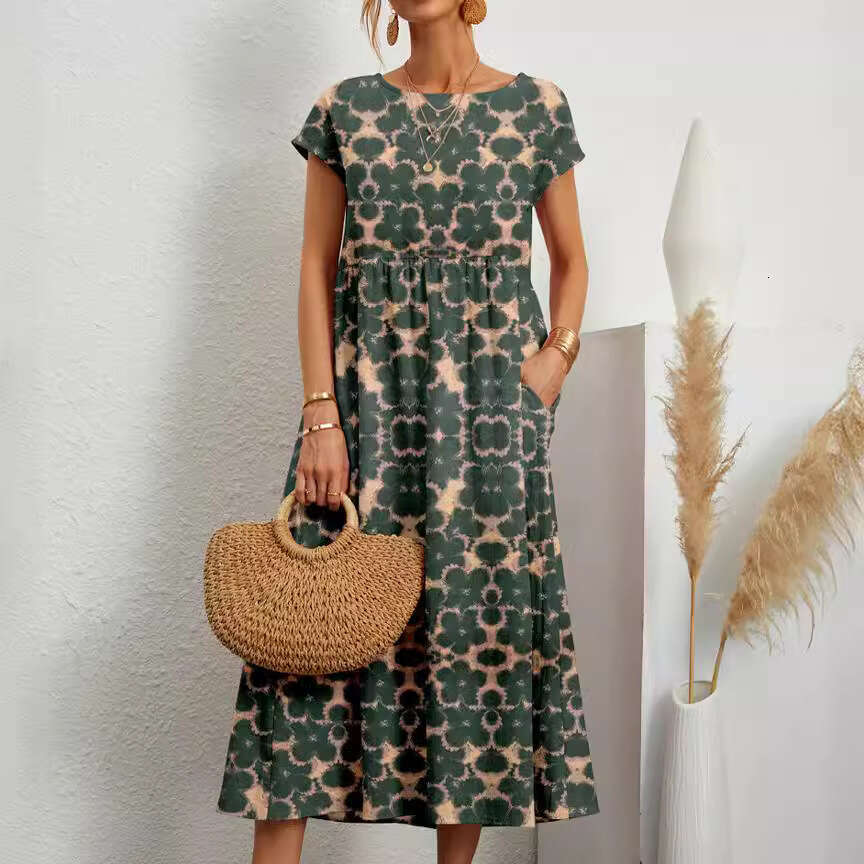 New Fashion Women's Loose Cotton Linen Sleeveless Round Neck Printed Summer Dress