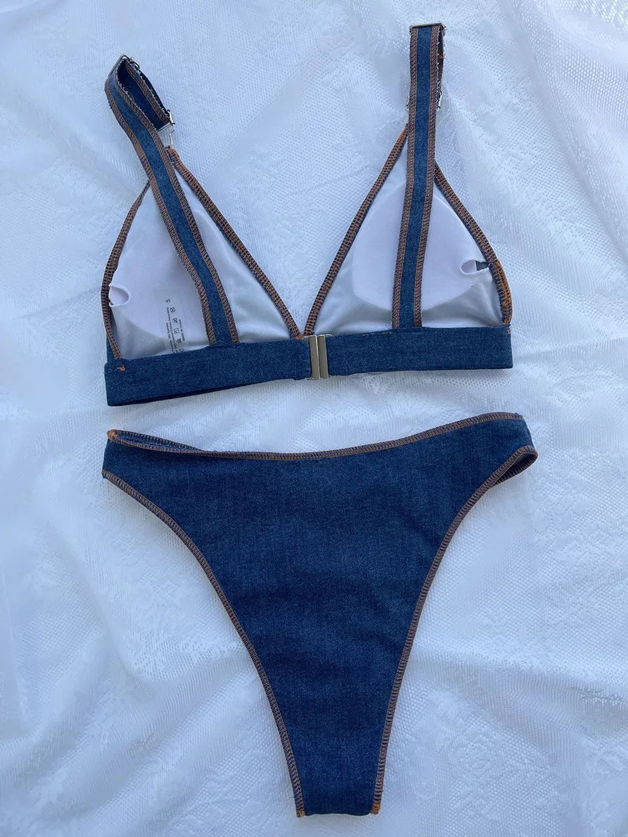 Sexy Denim Blue Brazilian High Cut Bikini Female Swimsuit Women Swimwear Two-pieces Bikini set Bather Bathing Suit Swim Lady 250107