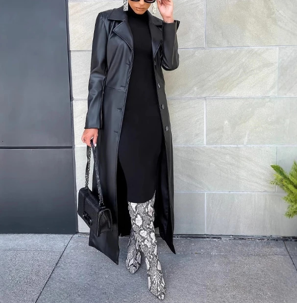 Cardigan lapel button up versatile warm trendy long leather jacket 250103