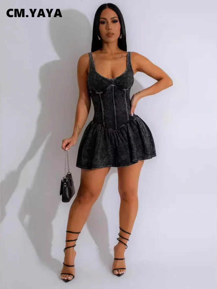 CM.YAYA Women Sleeveless O-neck Pleated Ruched Dress 2024 Summer Beach Cute Sexy Evening Night Club Party Washed Mini Dresses 250107