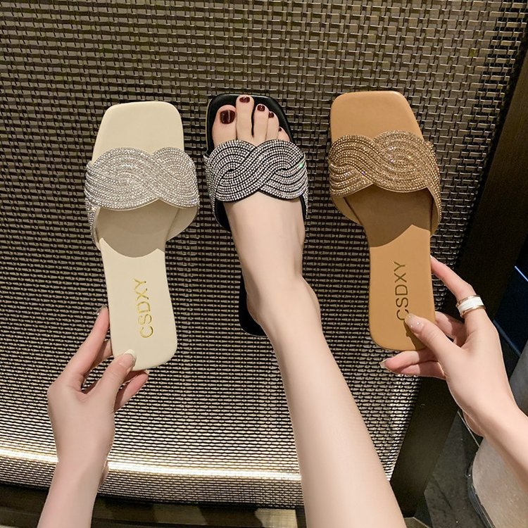 Women Slippers Flat Bottom Color Diamond Design Outdoor Wear New Trendy Fashion Triple Black Beige Khaki Free shipping