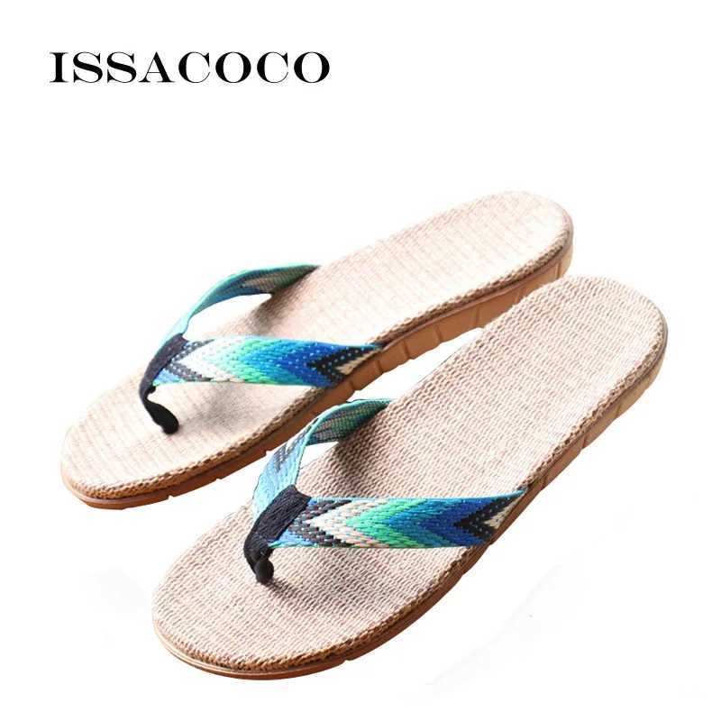 New Arrival ISSACOCO mens linen flip striped ribbon sandals plain EVA anti slip linen slippers mens casual grass shoes T250108