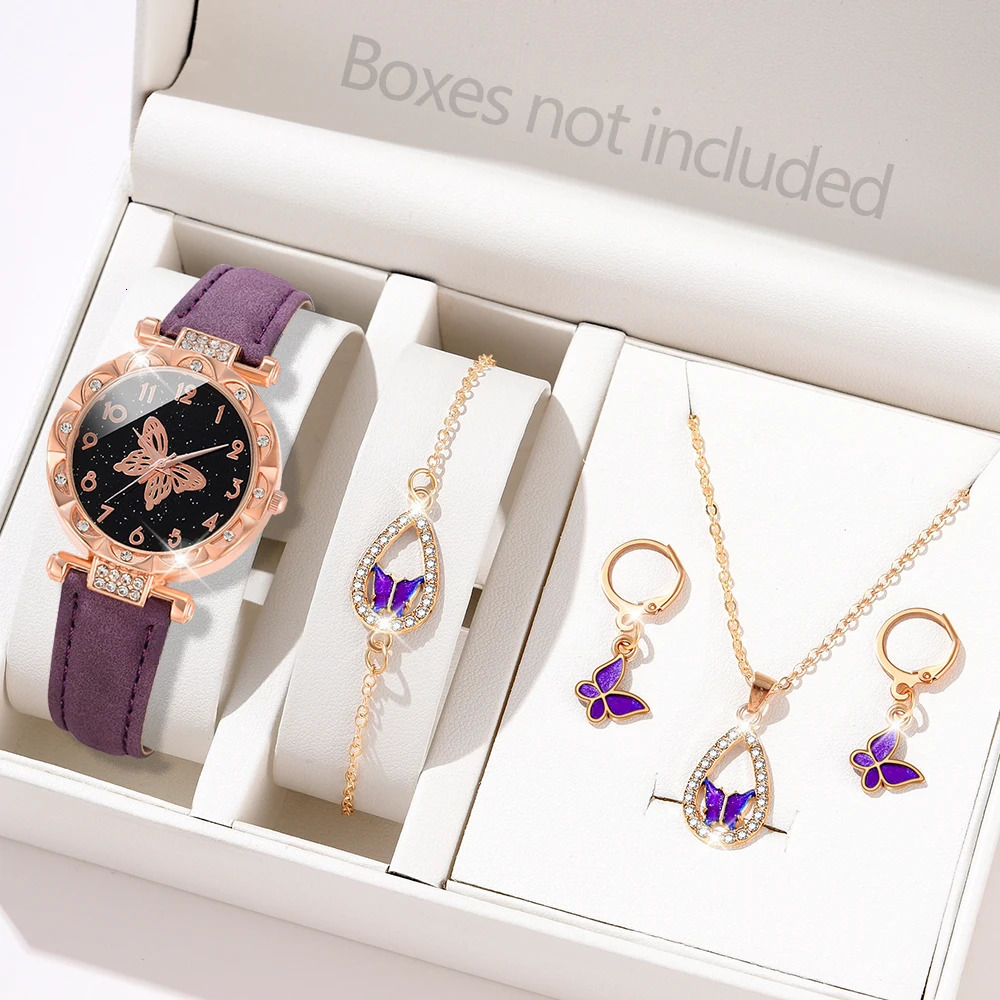 5PCSSet Purple Women Watch Fashionable Butterfly Element Dial Quartz Wristwatch Frosted Strap Jewelry Set Gift For Girls 241228