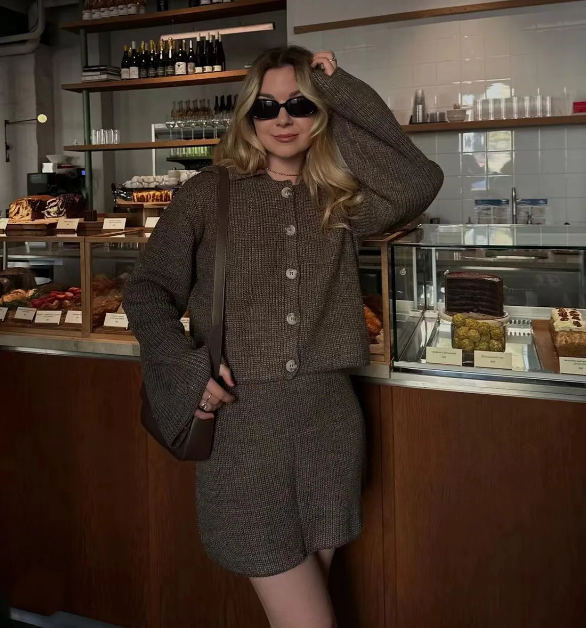 2025 Winter Women Angola Red Dress Suit Solid Color Cardigan Top Mini Short Skirt 2 Piece Set Female Office Outfit 241225