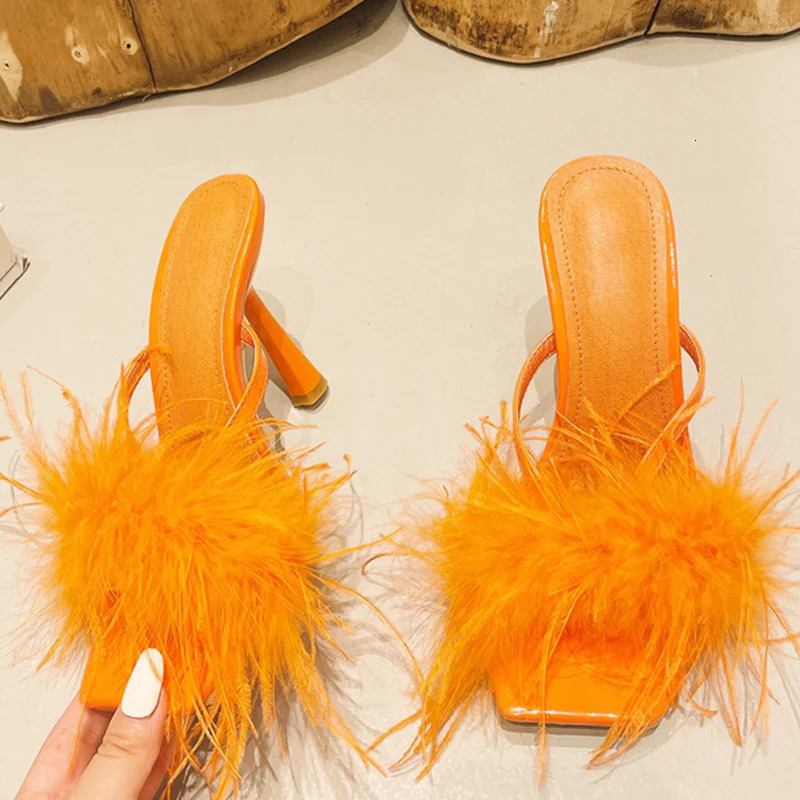 Liyke Summer Fashion Yellow Fluffy Furry Women Slippers Mules High Heels Slides Female Gladiator Sandals Party Banquet Shoes 250107
