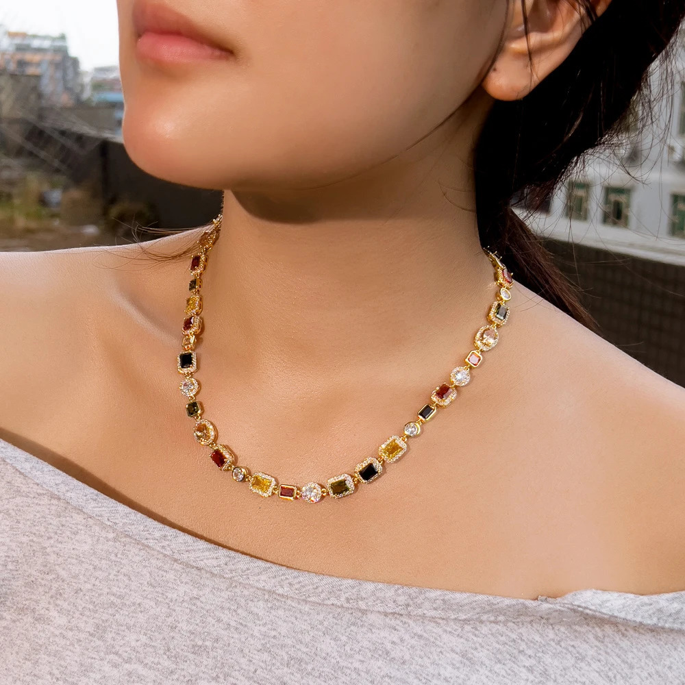 CWWZircons Vibrant Multi Color Cubic Zirconia Irregular Chain Necklace for Women Daily Party Engagement Jewelry Accessory CP130250103